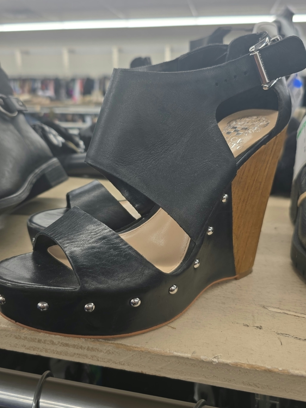 Vince Camuto Black Leather Studded Wood-Platform Wedges